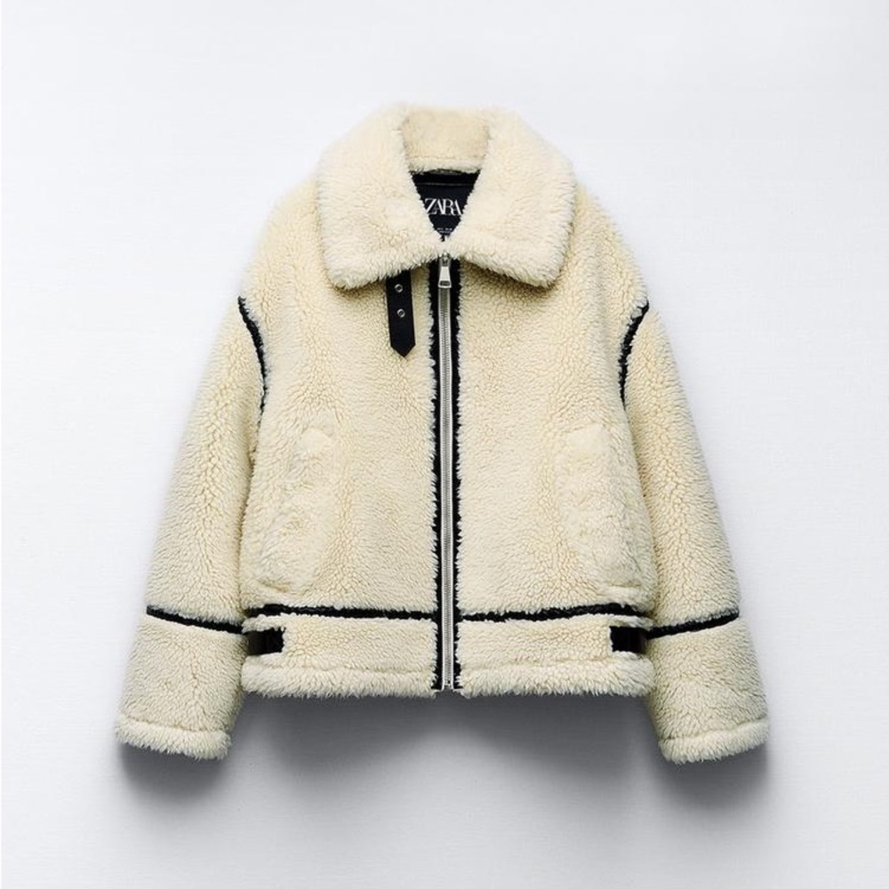 Zara Faux Fur Off-White Teddy Biker Jacket with Black Accents